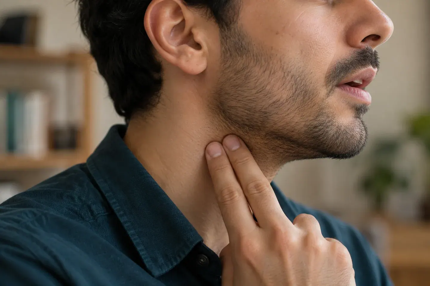 نمای نزدیک گوش و گردن فرد هنگام صحبت و لمس آرام گردن