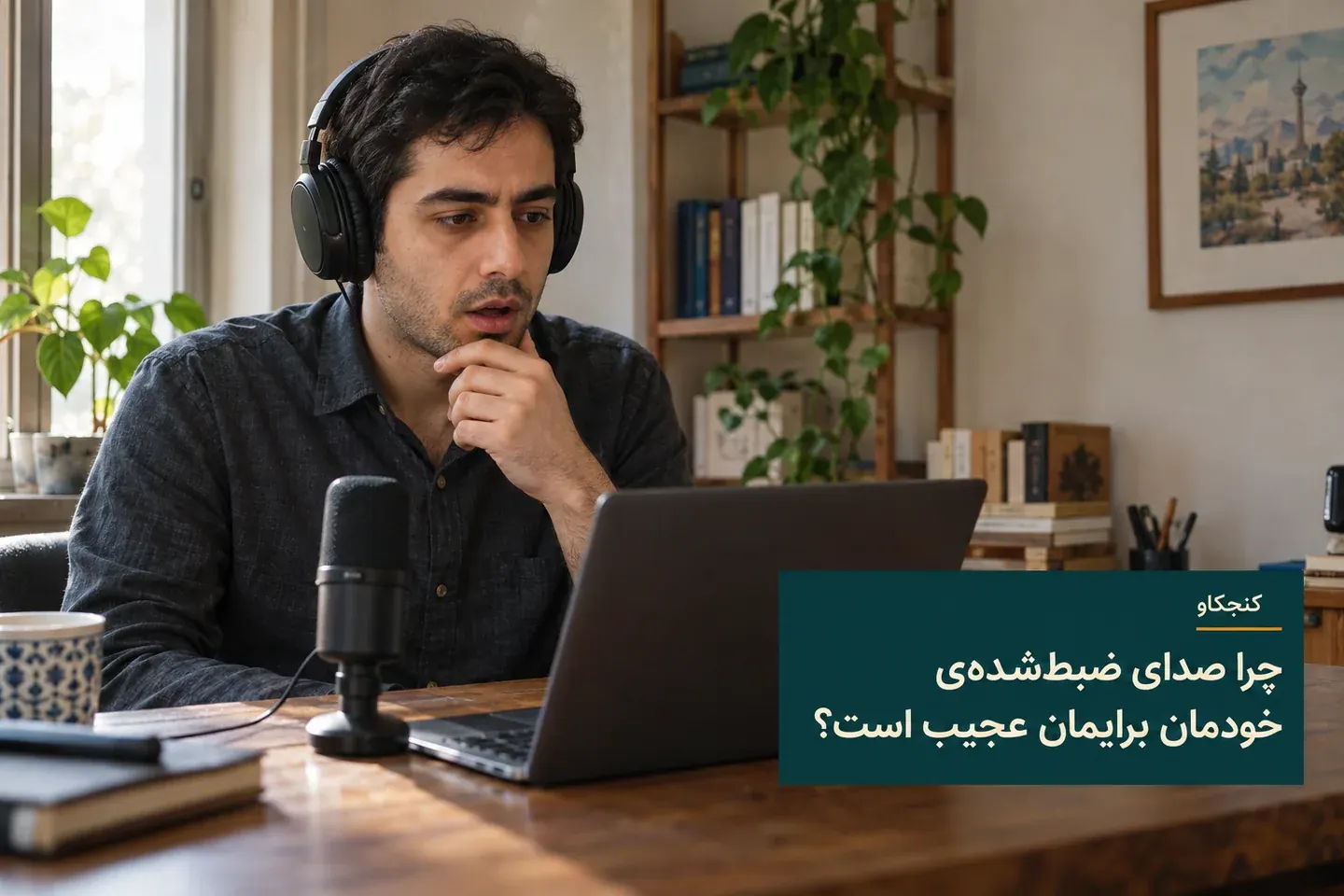 فردی در حال شنیدن صدای ضبط‌شده خود با هدفون؛ تیتر مقاله در کادر سبز نفتی